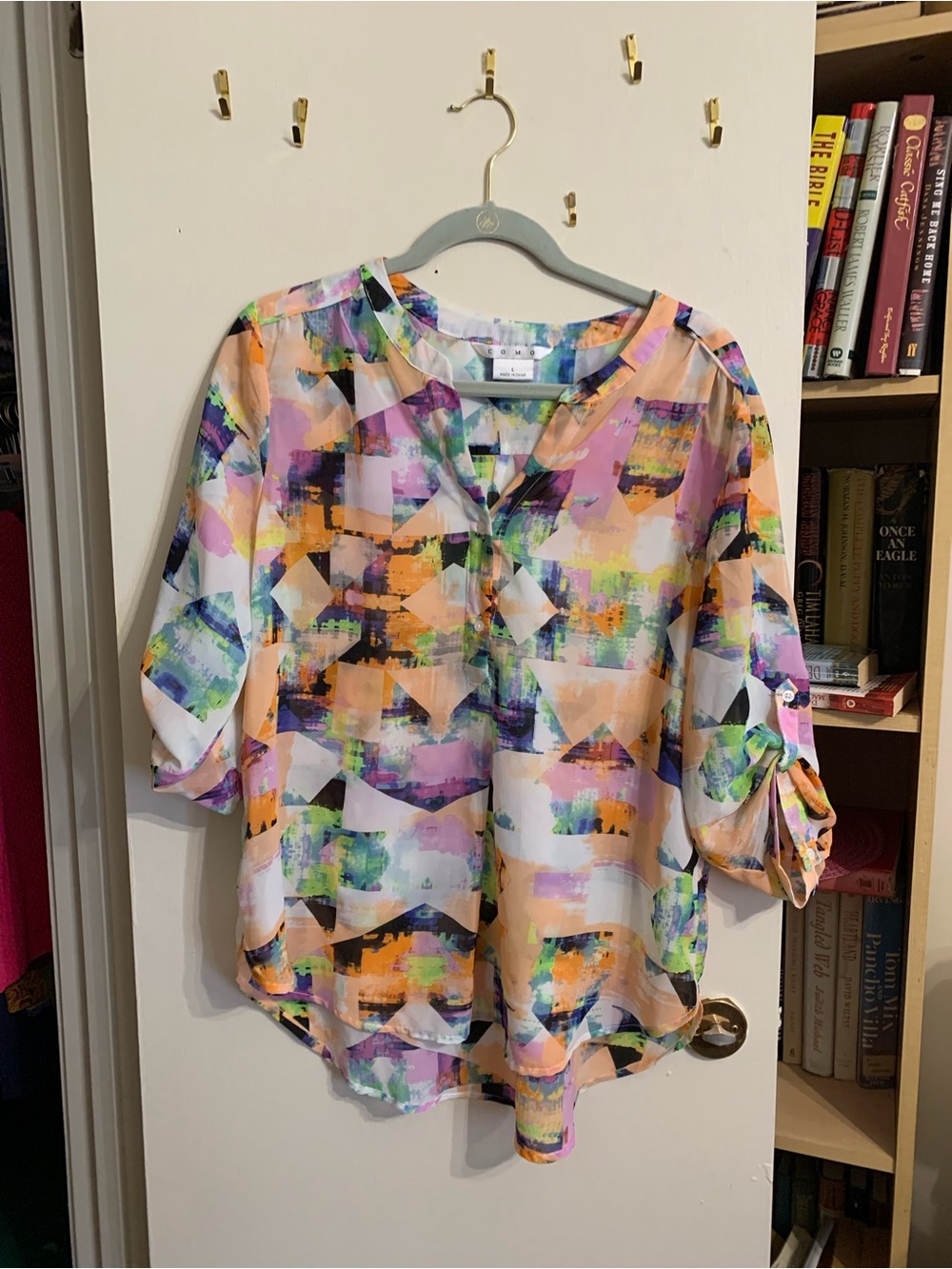 Abstract Multi-Color V-Neck Roll-Tab Blouse - Multi